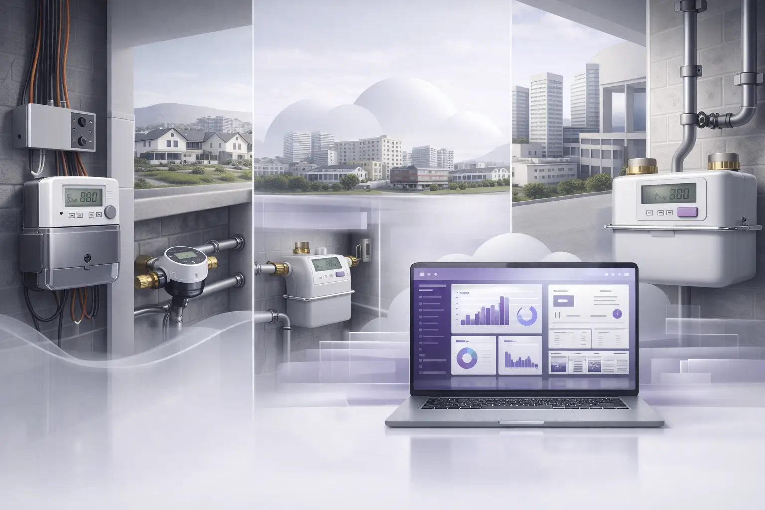 Smart metering workflow showing electricity, water, and gas meters connected to a cloud-based utility dashboard for remote meter reading, usage monitoring, and accurate billing control across multiple properties