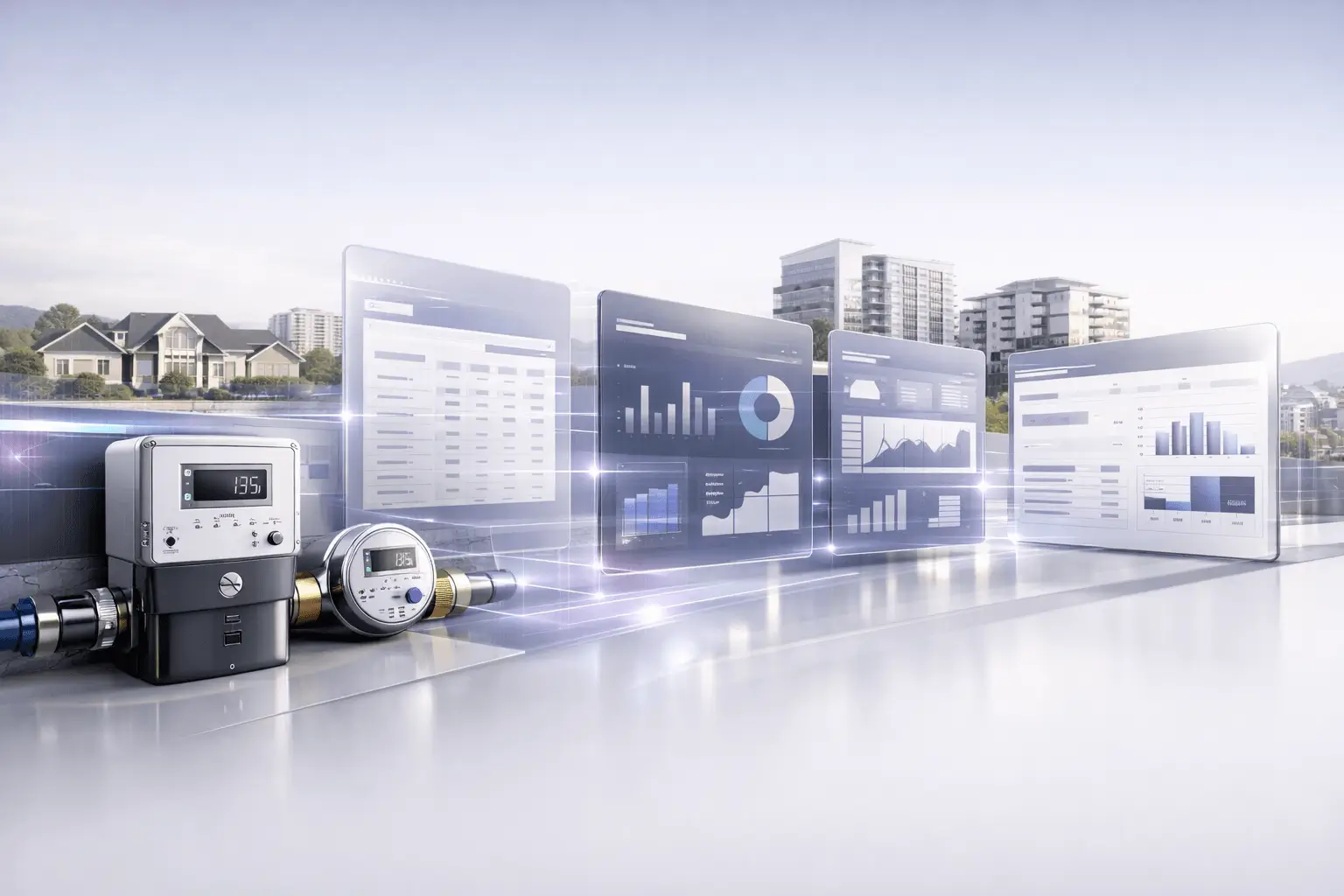 Utility bill management workflow showing electricity and water usage data flowing into a cloud-based billing dashboard for monthly statements, reporting, and accurate utility recovery across multiple properties
