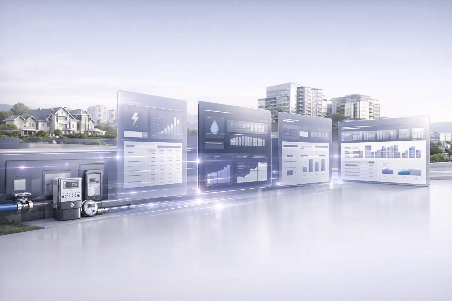 Utility management technology dashboard showing smart metering, billing visibility, reporting, and portfolio-wide utility monitoring across residential and commercial properties